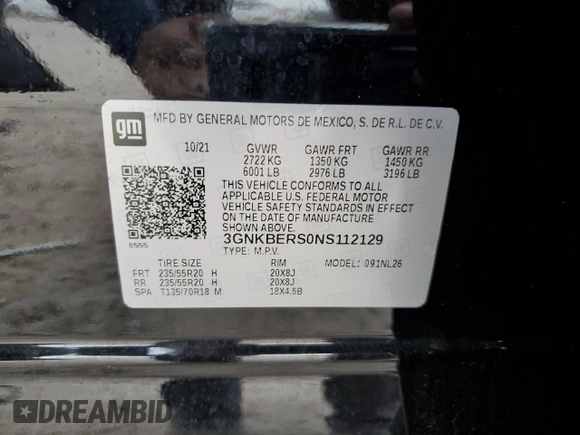 2022 Chevrolet Blazer RS with VIN 3GNKBERS0NS112129, listed as a Copart auction lot 55105345 with 27,600 mi miles and Salvage title. Bid and sale history available at DreamBid. Image 14.