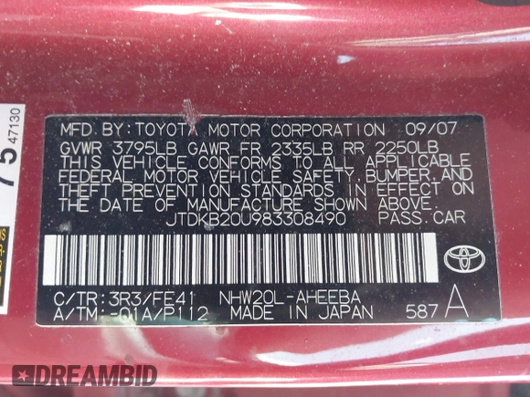 2008 Toyota Prius z VIN JTDKB20U983308490, wystawiony jako IAAI lot #41635842 z przebiegiem 131 780 mil mil oraz . Historia ofert i sprzedaży dostępna na DreamBid. Obrazek 9.