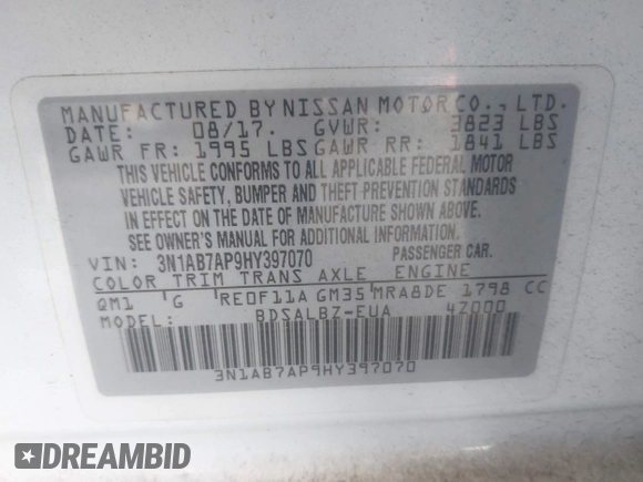 2017 Nissan Sentra SR with VIN 3N1AB7AP9HY397070, listed as a IAAI auction lot 42541290 with Not provided miles and . Bid and sale history available at DreamBid. Image 9.