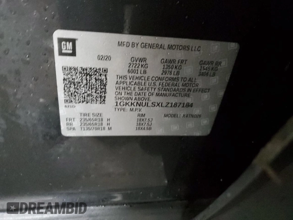 2020 GMC Acadia SLT with VIN 1GKKNULSXLZ187184, listed as a Copart auction lot 84162774 with 72,985 mi miles and Salvage Title. Bid and sale history available at DreamBid. Image 14.