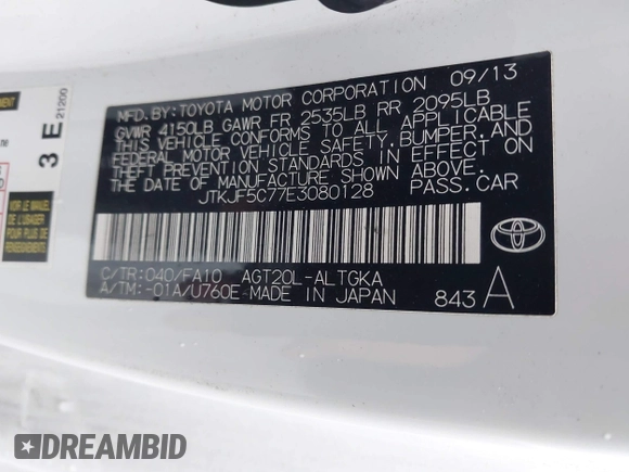 2014 Scion tC z VIN JTKJF5C77E3080128, wystawiony jako IAAI lot #42174898 z przebiegiem Nie podano mil oraz . Historia ofert i sprzedaży dostępna na DreamBid. Obrazek 9.