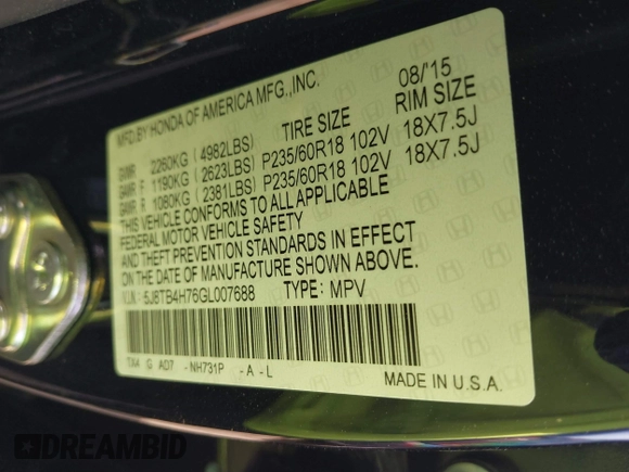 2016 Acura RDX Advance Pkg with VIN 5J8TB4H76GL007688, listed as a IAAI auction lot 41749238 with 101,034 mi miles. Bid and sale history available at carsss.com. Image 9.