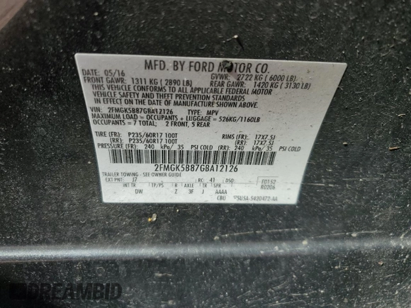 2016 Ford Flex SE with VIN 2FMGK5B87GBA12126, listed as a Copart auction lot 50615795 with 179,097 mi miles and Salvage Title. Bid and sale history available at carsss.com. Image 14.