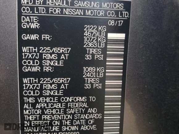 2017 Nissan Rogue SV with VIN KNMAT2MV4HP616669, listed as a Copart auction lot 62402375 with 60,196 mi miles and Salvage title. Bid and sale history available at DreamBid. Image 12.