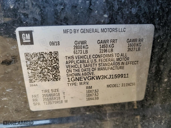 2019 Chevrolet Traverse LT Cloth with VIN 1GNEVGKW3KJ159911, listed as a Copart auction lot 48338175 with 134,566 mi miles and Clean Title. Bid and sale history available at carsss.com. Image 13.