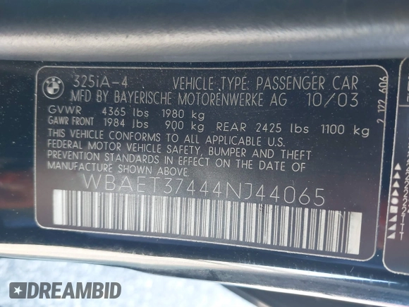 2004 BMW 3 Series 325i with VIN WBAET37444NJ44065, listed as a IAAI auction lot 41830178 with 91,037 mi miles and . Bid and sale history available at DreamBid. Image 9.