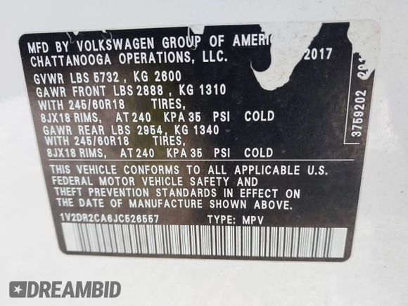 2018 Volkswagen Atlas SE with VIN 1V2DR2CA6JC526557, listed as a IAAI auction lot 41420788 with 135,149 mi miles and . Bid and sale history available at DreamBid. Image 9.
