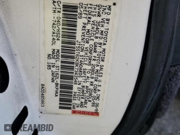 1989 Toyota Celica z VIN JT5ST62K8K7343548, wystawiony jako Copart lot #73774594 z przebiegiem 87 477 mil mil oraz Szkoda całkowita • Salvage title. Historia ofert i sprzedaży dostępna na DreamBid. Obrazek 13.