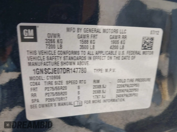2013 Chevrolet Suburban LT with VIN 1GNSCJE07DR147780, listed as a IAAI auction lot 41666746 with 260,020 mi miles and . Bid and sale history available at DreamBid. Image 9.