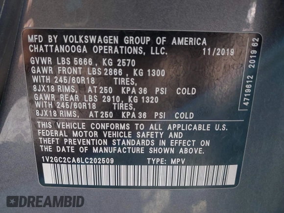 2020 Volkswagen Atlas S with VIN 1V2GC2CA6LC202509, listed as a IAAI auction lot 42388541 with 57,388 mi miles and . Bid and sale history available at DreamBid. Image 9.