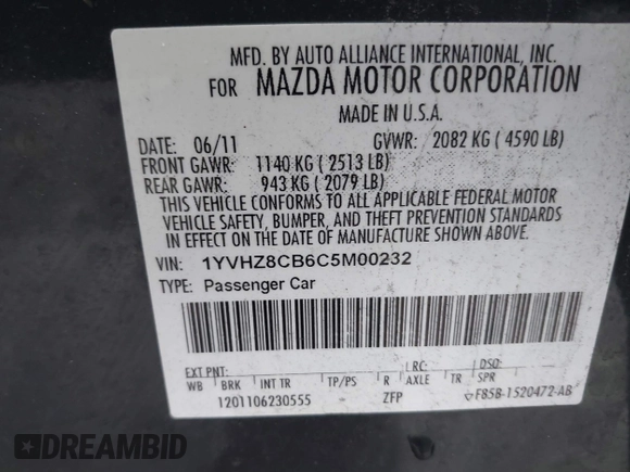 2012 Mazda 6 S Grand Touring with VIN 1YVHZ8CB6C5M00232, listed as a IAAI auction lot 41624509 with 195,553 mi miles and . Bid and sale history available at DreamBid. Image 9.