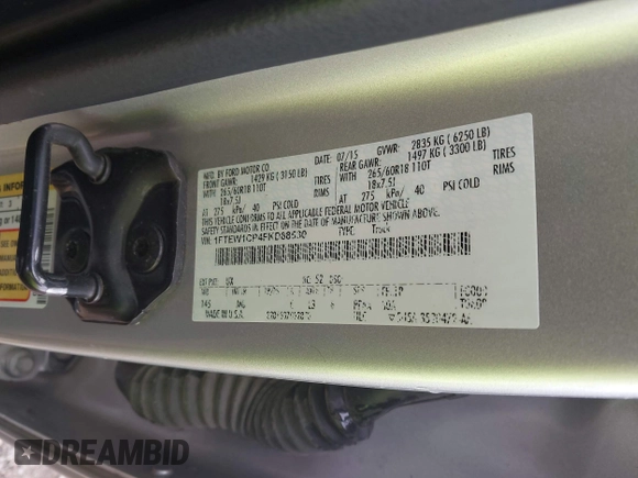 2015 Ford F-150 XL with VIN 1FTEW1CP4FKD88530, listed as a IAAI auction lot 42509147 with 98,716 mi miles and . Bid and sale history available at DreamBid. Image 9.