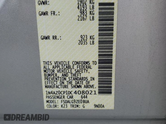 2013 Nissan LEAF SL with VIN 1N4AZ0CP1DC408021, listed as a Copart auction lot 58260915 with 111,310 mi miles and Salvage title. Bid and sale history available at DreamBid. Image 12.