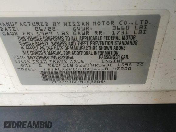 2022 Nissan Kicks S z VIN 3N1CP5BV7NL522054, wystawiony jako IAAI lot #42445264 z przebiegiem 42 648 mil mil oraz . Historia ofert i sprzedaży dostępna na DreamBid. Obrazek 9.