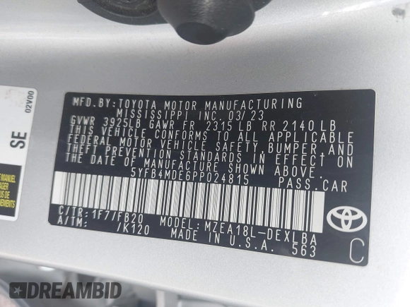 2023 Toyota Corolla LE z VIN 5YFB4MDE6PP024815, wystawiony jako IAAI lot #42433331 z przebiegiem 48 348 mil mil oraz . Historia ofert i sprzedaży dostępna na DreamBid. Obrazek 9.