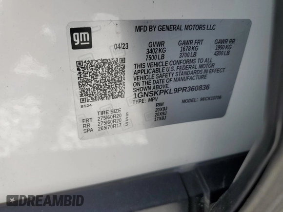 2023 Chevrolet Tahoe Z71 with VIN 1GNSKPKL9PR360836, listed as a Copart auction lot 56227525 with Not provided miles and Non repairable. Bid and sale history available at DreamBid. Image 13.