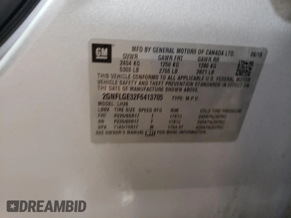 2015 Chevrolet Equinox LT with VIN 2GNFLGE32F6413705, listed as a Copart auction lot 46215935 with 108,204 mi miles and Salvage Title. Bid and sale history available at carsss.com. Image 12.