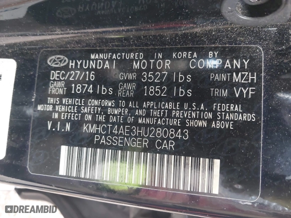 2017 Hyundai Accent SE with VIN KMHCT4AE3HU280843, listed as a IAAI auction lot 41545462 with 107,428 mi miles. Bid and sale history available at carsss.com. Image 9.