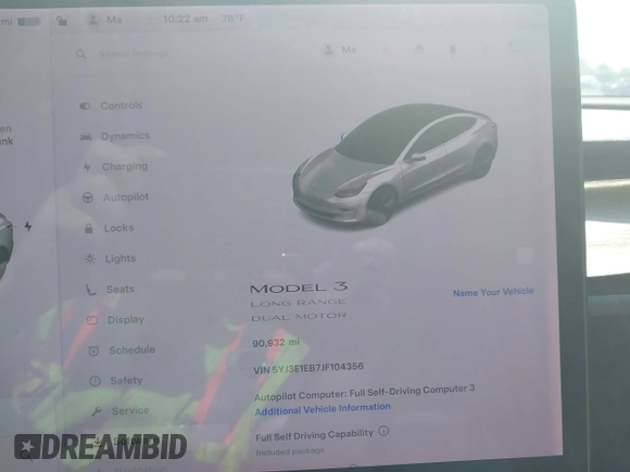 2018 Tesla Model 3 Long Range Battery with VIN 5YJ3E1EB7JF104356, listed as a IAAI auction lot 41936961 with 90,932 mi miles and . Bid and sale history available at DreamBid. Image 7.