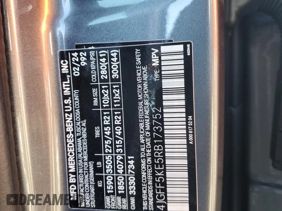 2024 Mercedes-Benz GLS 450 with VIN 4JGFF5KE5RB173752, listed as a Copart auction lot 73601334 with Not Provided miles and Salvage Title. Bid and sale history available at DreamBid. Image 12.