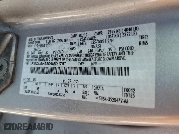 2013 Ford Escape SEL with VIN 1FMCU9H98DUB01757, listed as a Copart auction lot 63626185 with 189,695 mi miles and Clean title. Bid and sale history available at DreamBid. Image 13.