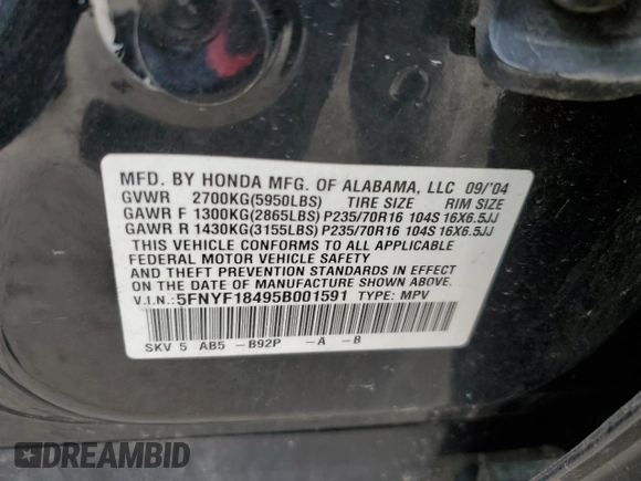 2005 Honda Pilot EX with VIN 5FNYF18495B001591, listed as a Copart auction lot 53043035 with 181,887 mi miles and Salvage Title. Bid and sale history available at carsss.com. Image 13.