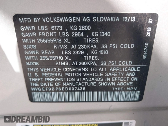 2014 Volkswagen Touareg Sport with VIN WVGEF9BP6ED007436, listed as a IAAI auction lot 41953307 with 114,925 mi miles and . Bid and sale history available at DreamBid. Image 9.