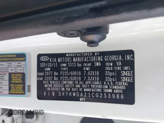 2012 Kia Sorento SX with VIN 5XYKWDA21CG253986, listed as a IAAI auction lot 42405849 with 218,540 mi miles and . Bid and sale history available at DreamBid. Image 9.