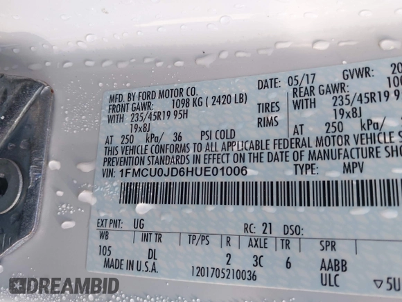 2017 Ford Escape Titanium with VIN 1FMCU0JD6HUE01006, listed as a IAAI auction lot 41632918 with 70,927 mi miles. Bid and sale history available at carsss.com. Image 9.