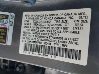 2013 Honda CR-V EX-L with VIN 2HKRM3H78DH500494, listed as a IAAI auction lot 41747954 with 170,676 mi miles and . Bid and sale history available at carsss.com. Image 9.