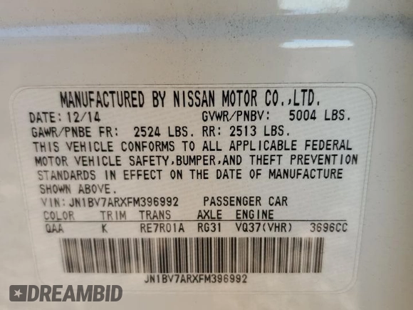 2015 Infiniti Q50 Premium with VIN JN1BV7ARXFM396992, listed as a Copart auction lot 71112754 with Not Provided miles and Salvage Title. Bid and sale history available at DreamBid. Image 12.