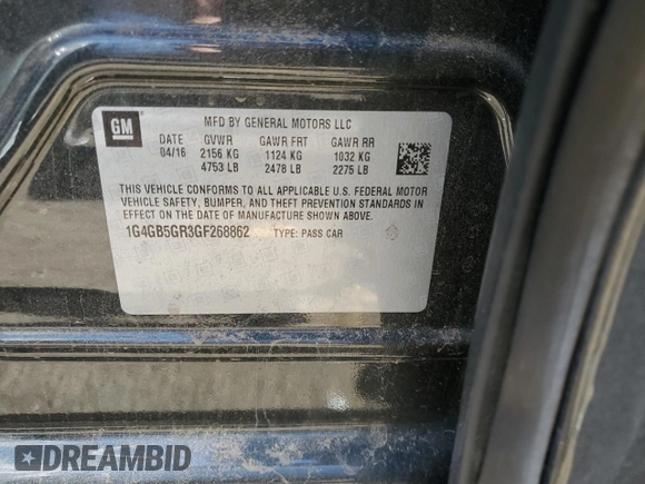 2016 Buick LaCrosse Leather with VIN 1G4GB5GR3GF268862, listed as a Copart auction lot 43349895 with 43,450 mi miles and Salvage title. Bid and sale history available at DreamBid. Image 12.