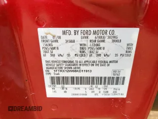 2008 Ford F-150 STX with VIN 1FTRX12W68KD11913, listed as a Copart auction lot 57166435 with 186,576 mi miles and Salvage title. Bid and sale history available at DreamBid. Image 12.
