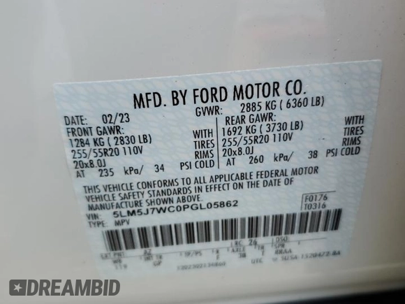 2023 Lincoln Aviator Reserve with VIN 5LM5J7WC0PGL05862, listed as a Copart auction lot 60918995 with 28,617 mi miles and Salvage title. Bid and sale history available at DreamBid. Image 14.