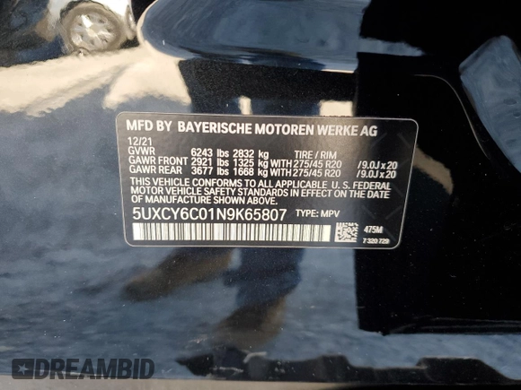 2022 BMW X6 xDrive40i with VIN 5UXCY6C01N9K65807, listed as a Copart auction lot 84708104 with 0 mi miles and Salvage Title. Bid and sale history available at carsss.com. Image 15.