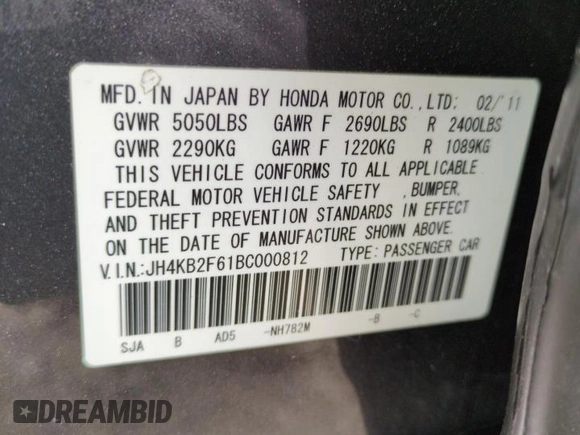 2011 Acura RL Technology with VIN JH4KB2F61BC000812, listed as a Copart auction lot 51350155 with 159,498 mi miles and Salvage Title. Bid and sale history available at DreamBid. Image 12.