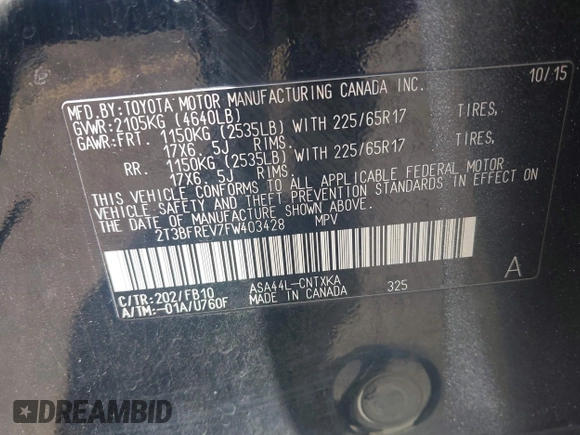 2015 Toyota RAV4 LE with VIN 2T3BFREV7FW403428, listed as a IAAI auction lot 42333849 with 218,046 mi miles and . Bid and sale history available at DreamBid. Image 9.