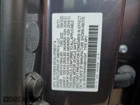 2022 Honda Pilot Touring 7-Passenger with VIN 5FNYF6H6XNB014347, listed as a Copart auction lot 56869745 with 31,513 mi miles and Salvage title. Bid and sale history available at DreamBid. Image 14.