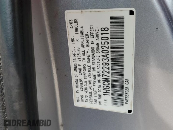 2003 Honda Accord LX z VIN 1HGCM72293A025018, wystawiony jako Copart lot #60990725 z przebiegiem 217 946 mil mil oraz Czysty tytuł • Clean title. Historia ofert i sprzedaży dostępna na DreamBid. Obrazek 13.