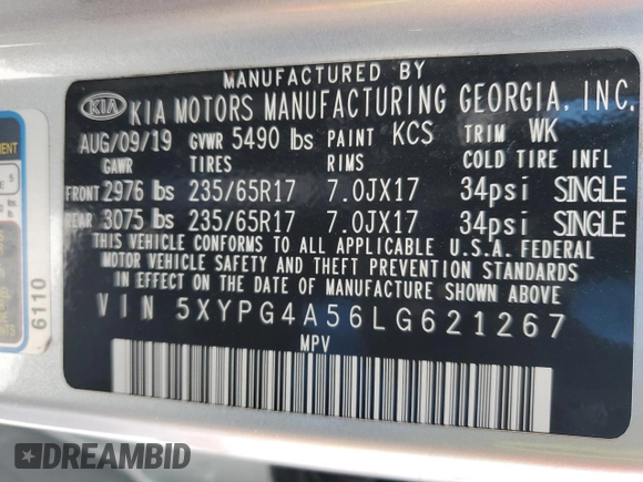 2020 Kia Sorento LX V6 with VIN 5XYPG4A56LG621267, listed as a Copart auction lot 52922345 with 101,289 mi miles and Salvage Title. Bid and sale history available at carsss.com. Image 14.