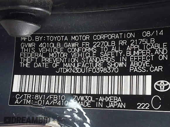 2015 Toyota Prius Four with VIN JTDKN3DU1F0398370, listed as a IAAI auction lot 41925595 with 130,131 mi miles. Bid and sale history available at carsss.com. Image 9.