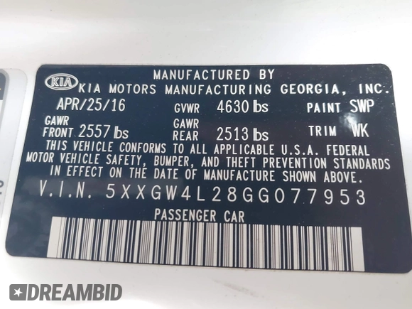 2016 Kia Optima SX Turbo с VIN 5XXGW4L28GG077953, выставлен на аукционе IAAI как лот 42498707 с пробегом 100 000 миль миль и . История ставок и продаж доступна на DreamBid. Изображение 9.