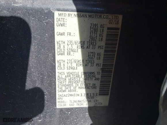 2018 Nissan Murano Platinum with VIN 5N1AZ2MH3JN138153, listed as a IAAI auction lot 41452921 with 123,643 mi miles. Bid and sale history available at carsss.com. Image 9.