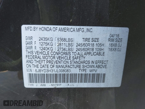 2018 Acura MDX with VIN 5J8YD3H31JL008083, listed as a IAAI auction lot 41386666 with 147,637 mi miles and . Bid and sale history available at carsss.com. Image 9.