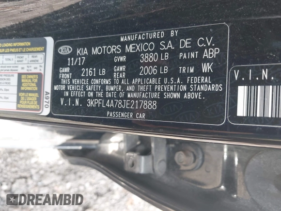 2018 Kia Forte LX with VIN 3KPFL4A78JE217888, listed as a IAAI auction lot 42027867 with 37,615 mi miles and . Bid and sale history available at DreamBid. Image 9.