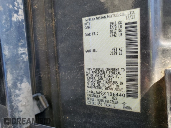 2012 Nissan Altima S with VIN 1N4AL2AP2CC196440, listed as a Copart auction lot 51795315 with 181,377 mi miles and Salvage Title. Bid and sale history available at DreamBid. Image 13.