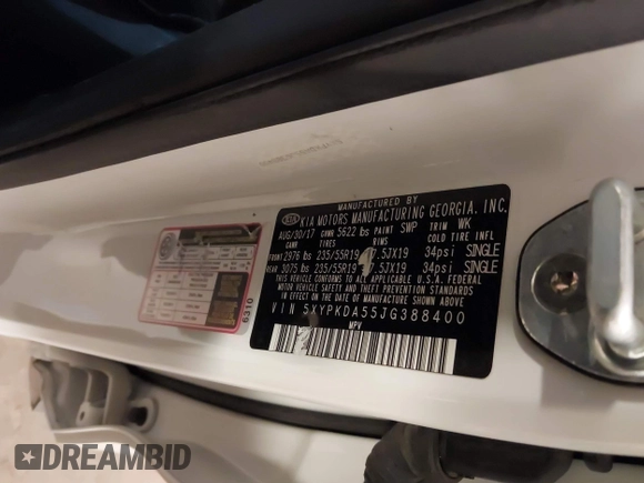 2018 Kia Sorento SX with VIN 5XYPKDA55JG388400, listed as a IAAI auction lot 41332048 with 70,153 mi miles and . Bid and sale history available at DreamBid. Image 9.