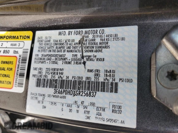 2016 Ford Fusion SE with VIN 3FA6P0HDXGR256837, listed as a Copart auction lot 53951705 with 158,458 mi miles and Salvage Title. Bid and sale history available at DreamBid. Image 12.