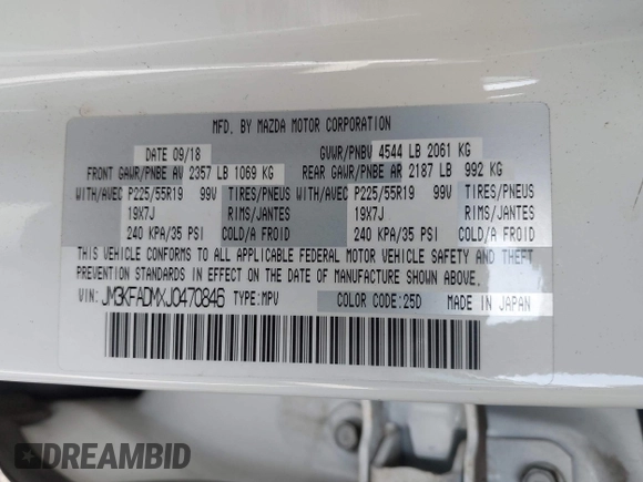 2018 Mazda CX-5 Grand Touring with VIN JM3KFADMXJ0470846, listed as a IAAI auction lot 41913533 with 54,700 mi miles and . Bid and sale history available at DreamBid. Image 9.