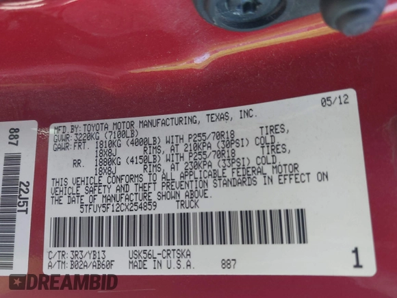 2012 Toyota Tundra z VIN 5TFUY5F12CX254859, wystawiony jako IAAI lot #41821686 z przebiegiem Nie podano mil oraz . Historia ofert i sprzedaży dostępna na DreamBid. Obrazek 9.